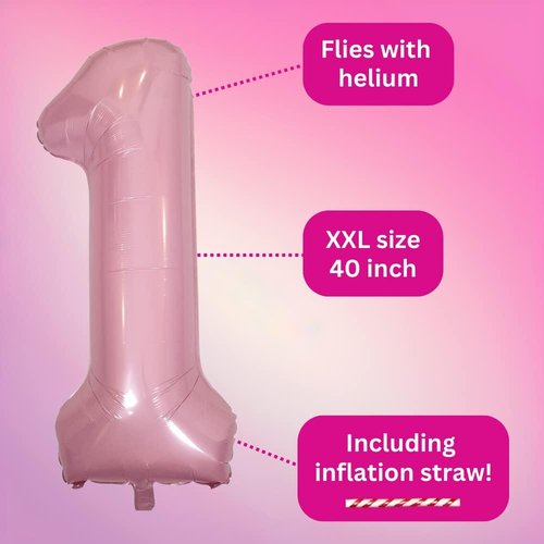 DIWULI 40 Inch Pastel Pink Number 1 Balloon - Large Foil Balloon for 1st Birthday Party Decorations