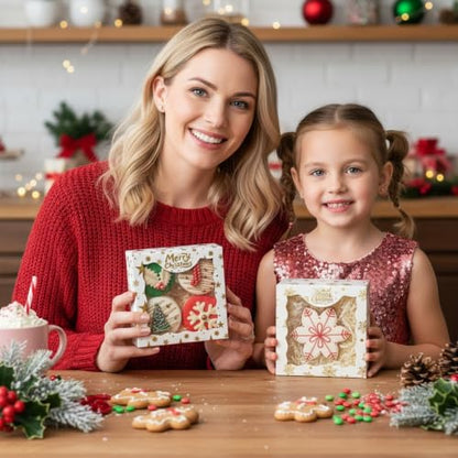 24PCS 4x4x2 Inch Christmas Treat Boxes with Clear Window – White, Gold Foil Pattern, 6 Per Style