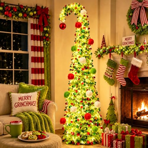 6 FT Green Whimsical Curved Pop Up Christmas Tree with Lights & Ornaments