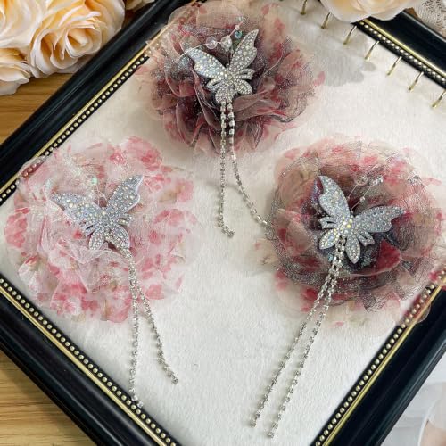 Dark Pink Organza Curtain Flower Clips with Butterfly Decor - 4 Pack