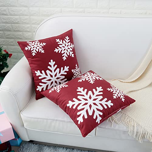 Red Decorative Throw Pillow Covers 16x16 Inch Set of 2 with Snowflakes Print - Pack of 2