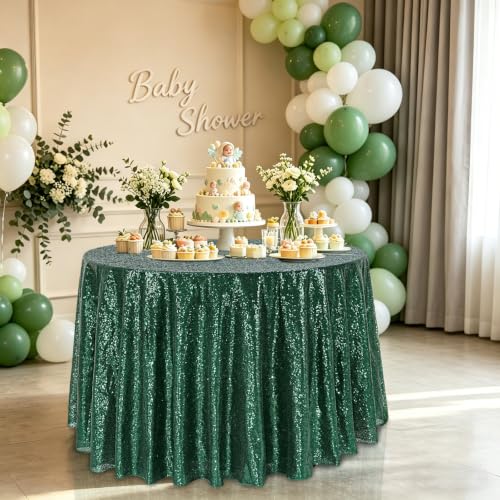 Emerald Green Round Sequin Tablecloth - 132 Inch Glitter Party Cover - Wedding & Event Decor