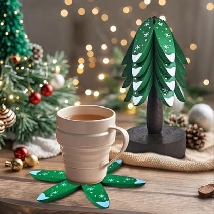 Wood Christmas Coasters Set with Tree Holder, 4 Natural Beech Holiday Drink Protectors