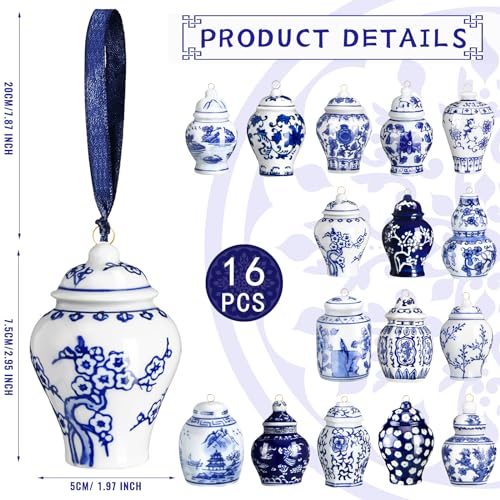 Christmas Chinoiserie Mini Ginger Jar Ornaments - 16 Pieces, Exquisite Style