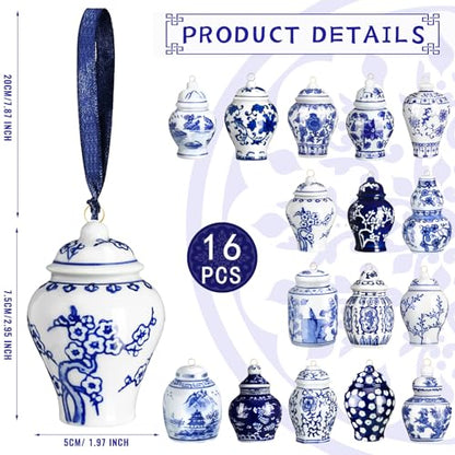 Christmas Chinoiserie Mini Ginger Jar Ornaments - 16 Pieces, Exquisite Style
