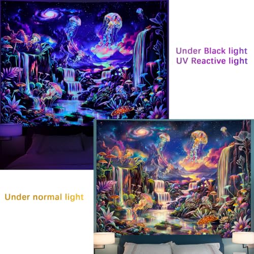 UV Reactive Galaxy Space Tapestry - Blacklight Neon Waterfall Wall Hanging with Variation Galaxy Space 59.1L x 51.2W inches
