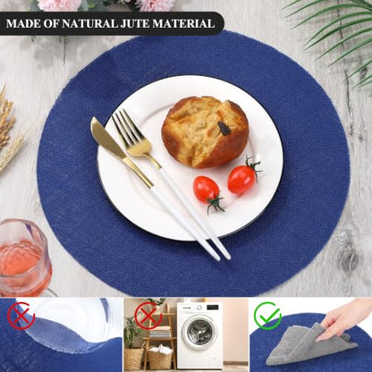 Blue Burlap Placemats Set of 50 - 13.78 Inch Reusable Natural Jute Table Mats
