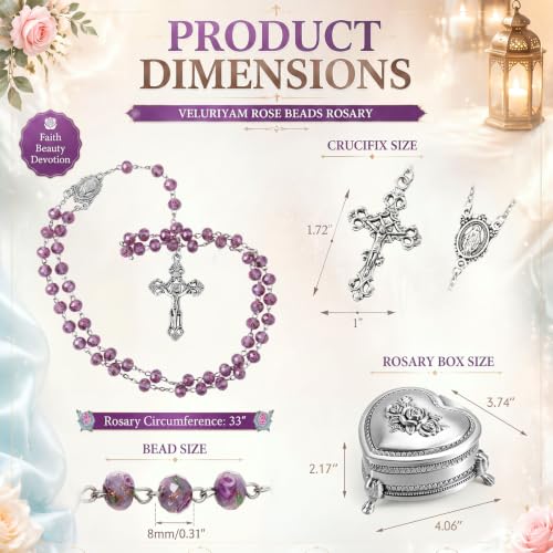 Catholic Handmade Rosary Necklace Beads Cross Set for Women Men with Purple Flower Beads