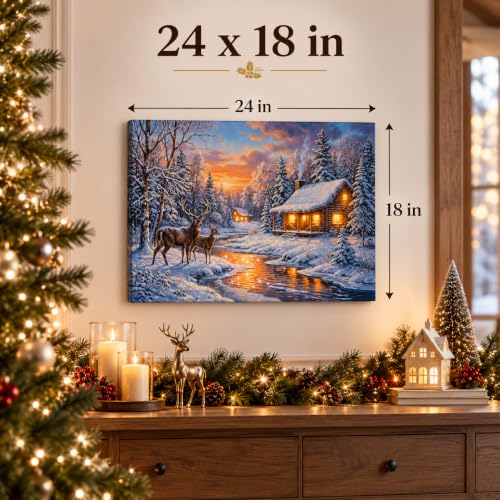 Sunset Gold Deer Cabin Christmas Canvas Wall Art 24x18 with Glitter & Timer