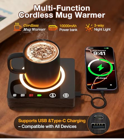 Wireless Mug Warmer with 3 Temp Settings & Power Bank - Black
