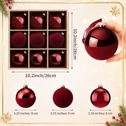 Large Burgundy Christmas Ball Ornament Set - 3.15 Inch Luxury Holiday Decor - 9 Pieces - Variation of Burgundy