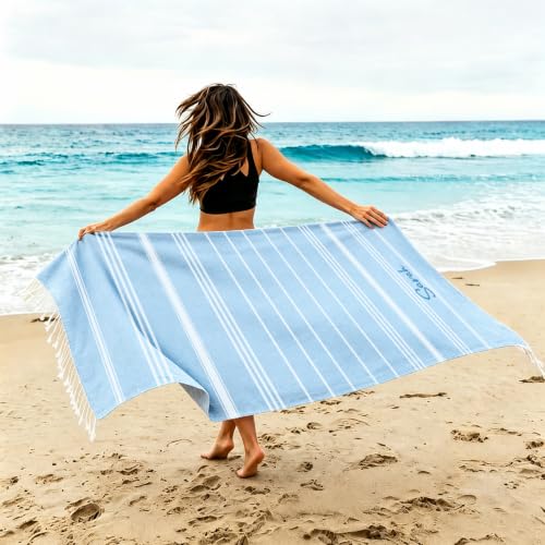 Personalized Turkish Beach Towel Light Blue 40x71 Inch Custom Embroidered Name Summer Vacation Travel Pool Sand-Free Cotton