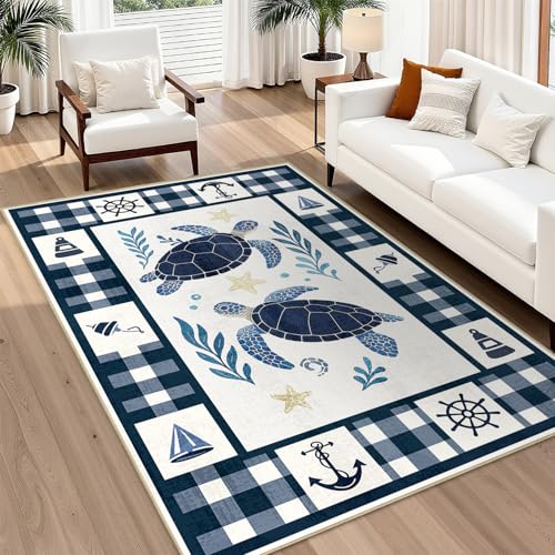 5x7 Nautical Sea Turtle Area Rug - Coastal Machine Washable Floor Decor