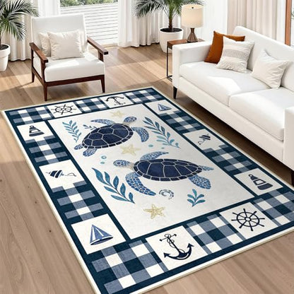 5x7 Nautical Sea Turtle Area Rug - Coastal Machine Washable Floor Decor