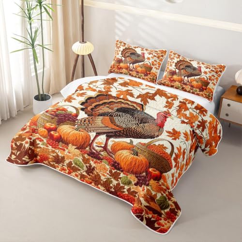 Castle Fairy Autumn Turkey Quilt Set Queen Size - Fall Harvest Bedding with Pillow Shams - Orange Red Cream, 3 Pieces