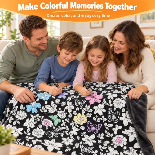 Black Flower Coloring Blanket with Markers - 48x56 Cozy Velvet DIY Craft Kit for Kids and Adults