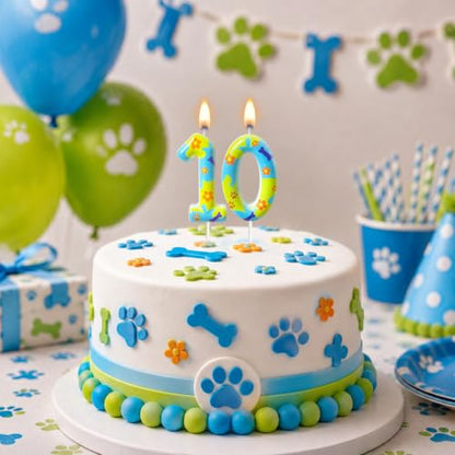 Dog Theme Birthday Number Candles for Cakes - Blue & Green Celebrations
