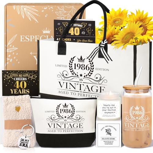40th Birthday Gifts for Women - Canvas Tote Bag Glass Candle & More - Variation of 40th