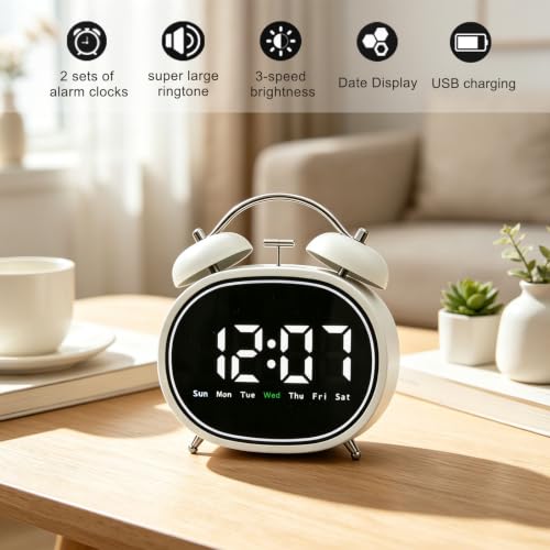 Small Round Digital Alarm Clock with Silent Mode - White