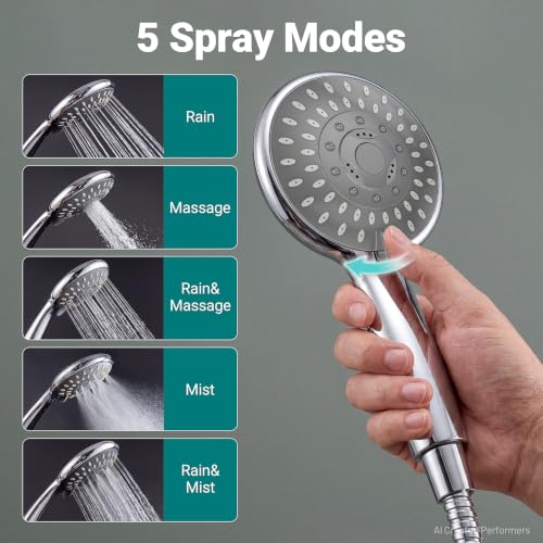 KOSNEW Chrome Handheld Shower Head with 5 Spray Modes - High Pressure, Lightweight