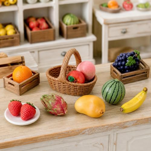 Miniature Artificial Resin Fruits Basket - Oval Style, 10 Kinds of Fruits, 0.5 Inch