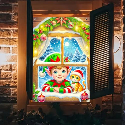 Elf Cat Christmas Window Banner - Fabric 31x47 Inch - Color 3