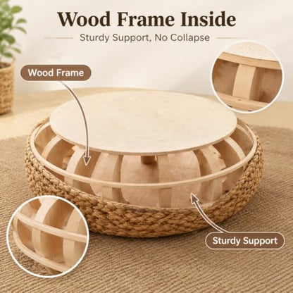 Japanese Floor Pillow Tatami Meditation Cushion Khaki 15.7x15.7x6.7 inches – Natural Woven Rattan Support