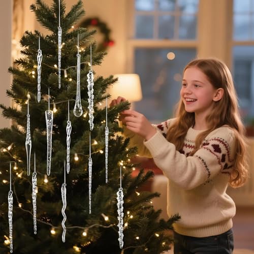 32-Piece Glass Icicle Christmas Ornaments - Textured Clear Decor for Tree & Holiday Displays