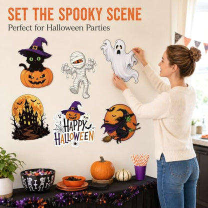 12PCS Large Vintage Halloween Cardboard Cutouts Set - Ghosts, Pumpkins, Witches & Skeletons