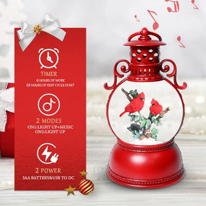 Red Snow Globes with Cardinal Lantern Music Box - 8 Songs, Timer, USB & Battery Power, Christmas Home Decor Gift