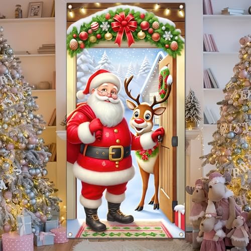 Christmas Door Cover Santa Reindeer Winter Wonderland 35x71 Inch Polyester