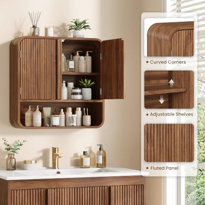 Vabches Walnut Fluted Bathroom Wall Cabinet, 23.6 Inch Tall Storage