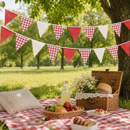 Red & White Triangle Bunting Banner - 32Ft Gingham Fabric Party Decor