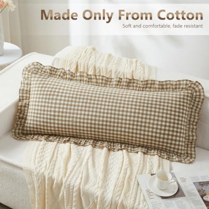 Taupe and White Gingham Ruffle Pillow Cover - 20x54 Inches, Body Size, Pack of 1