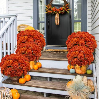 Artificial Fall Mums Flowers Bundle - Burnt Orange Autumn Floral Arrangements for Home & Garden