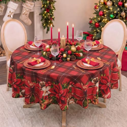 Softalker Christmas Plaid Round Tablecloth 70 Inch - Red Checkered, Flower Variation