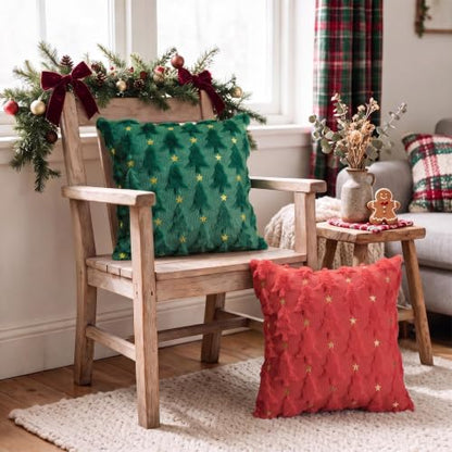 Christmas Tree Star Pillow Cover Set of 4 - Red Green Faux Fur 18x18 Inches