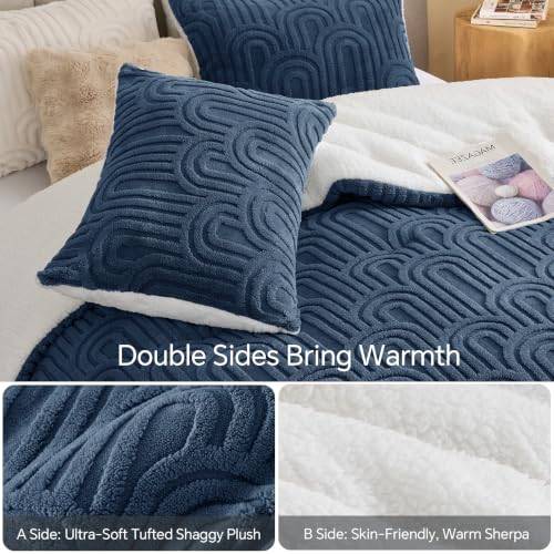 Arch Navy Sherpa Comforter Set Queen - Warm & Fluffy Bed Bedding