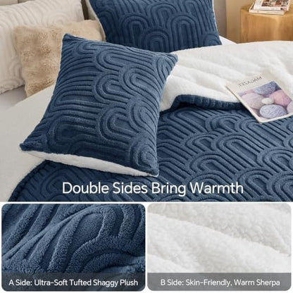 Arch Navy Sherpa Comforter Set Queen - Warm & Fluffy Bed Bedding