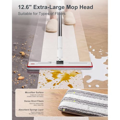 White Flat Mop with 4 Washable Pads - 3-Tank System for Floor & Wall Cleaning