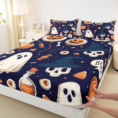 Kids Full Size Bat Ghost Halloween Bed Sheet Set Navy Blue Deep Pockets with Pillowcases