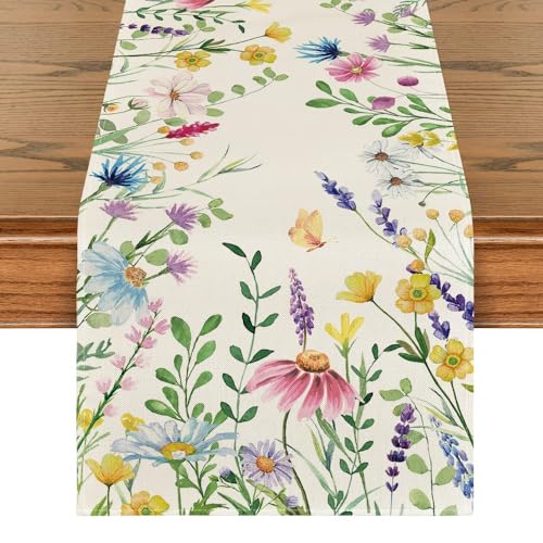 Artoid Mode Daisy Eucalyptus Spring Table Runner 13x120 Inch Beige Home Decor