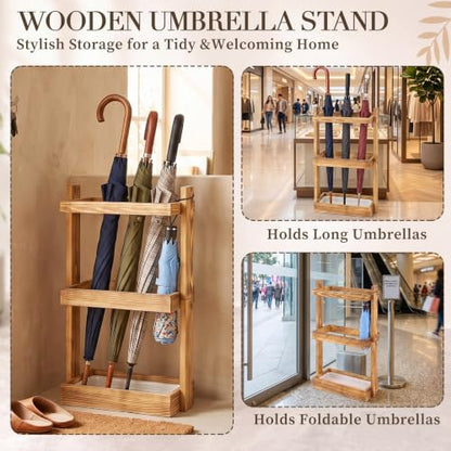 Wooden Umbrella Stand Rack with Removable Drip Tray for Entryway