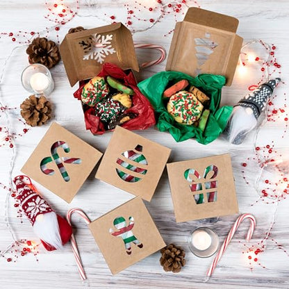 Brown Christmas Cookie Gift Boxes - 36 Pack with Window, 4x4x2.5 Inches