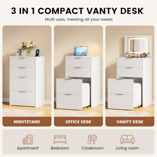 3-in-1 Small Vanity Desk with LED Mirror and Charging Station