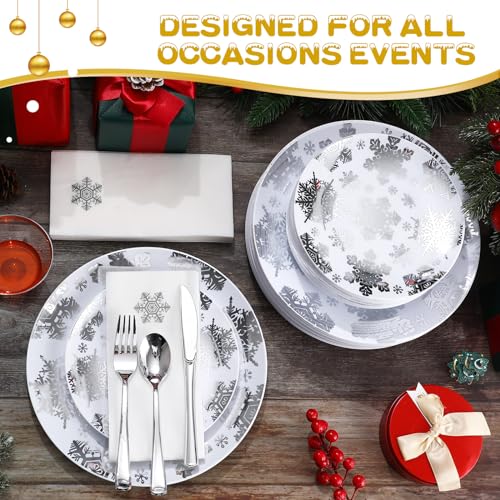 Silver Snowflake Disposable Tableware Set for Holiday Party - 350 Pcs
