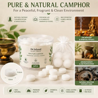 Natural Camphor Balls for Aromatherapy Pooja Rituals and Odor Elimination - 70g 32pcs
