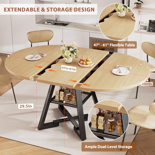 Extendable Round to Oval Dining Table for 4-8 with Open Storage Shelf, Space-Saving Modern Design, Black