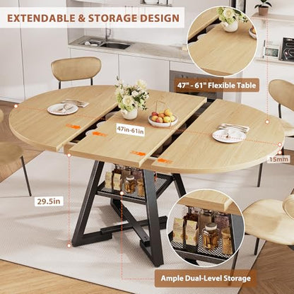 Extendable Round to Oval Dining Table for 4-8 with Open Storage Shelf, Space-Saving Modern Design, Black