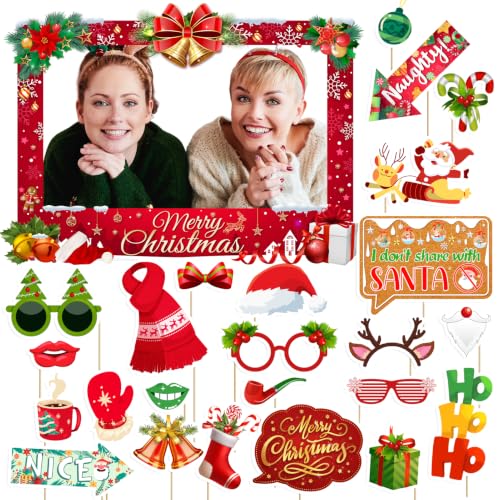 Christmas Photo Booth Props Kit with 24 Fun Accessories for Holiday Parties
